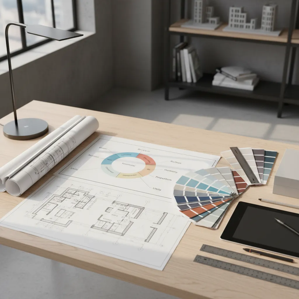 Esquema de principios básicos del diseño de interiores con distribución y proporciones