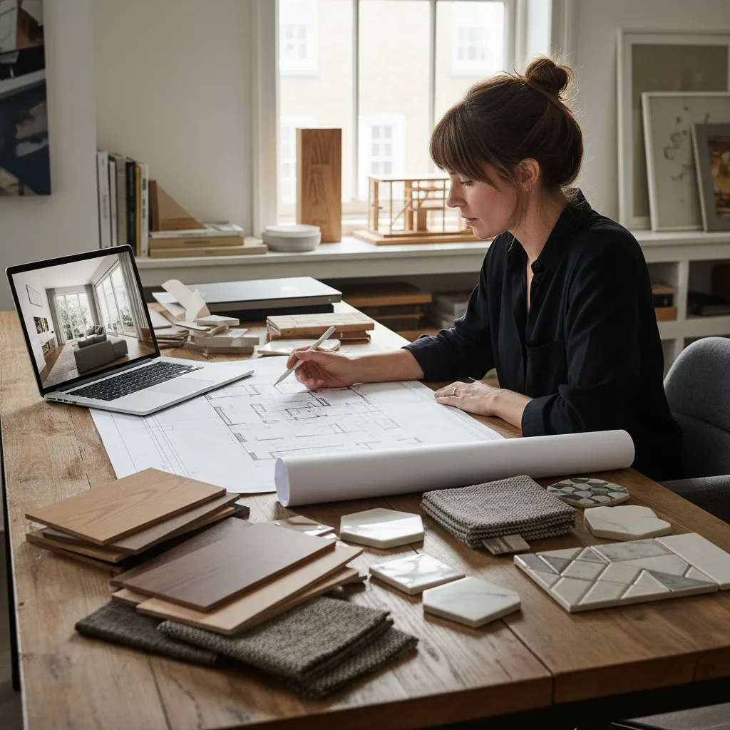 Diseñador de interiores trabajando en planos y muestras de materiales