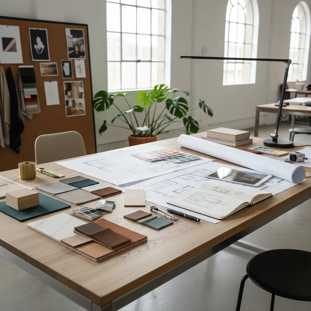 Proceso de diseño interior con muestras de materiales y planos