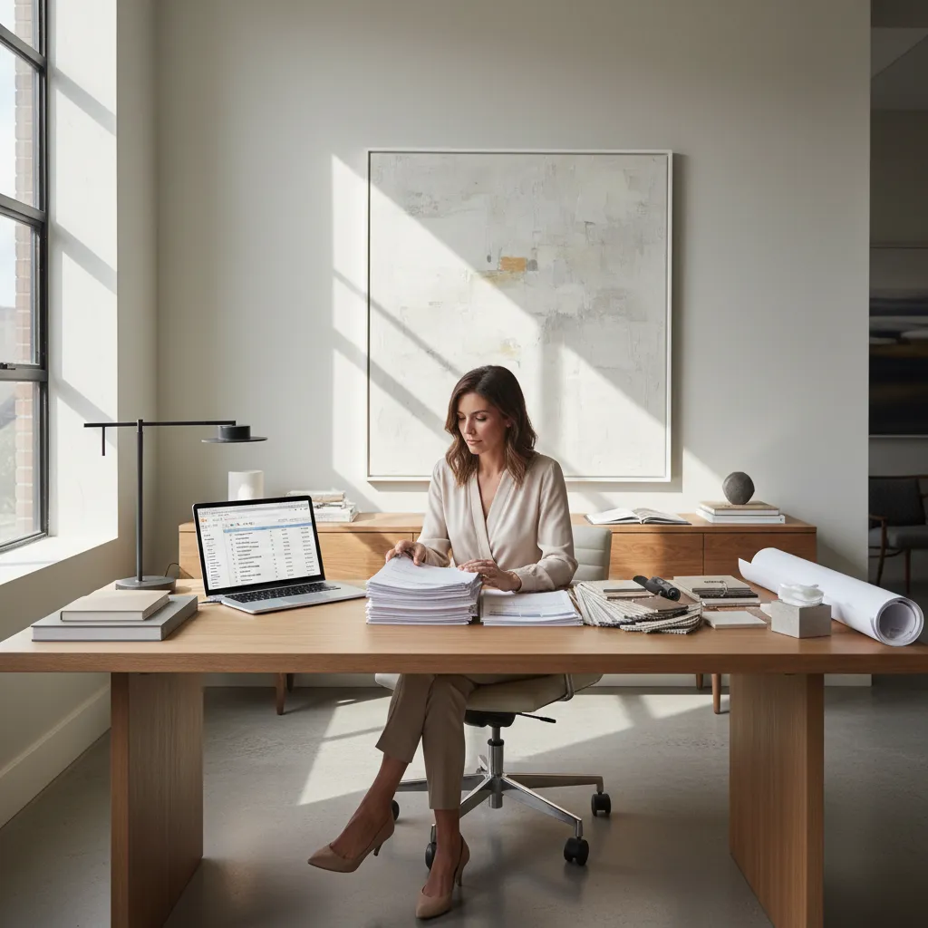 Interior designer organizing furniture orders and vendor invoices