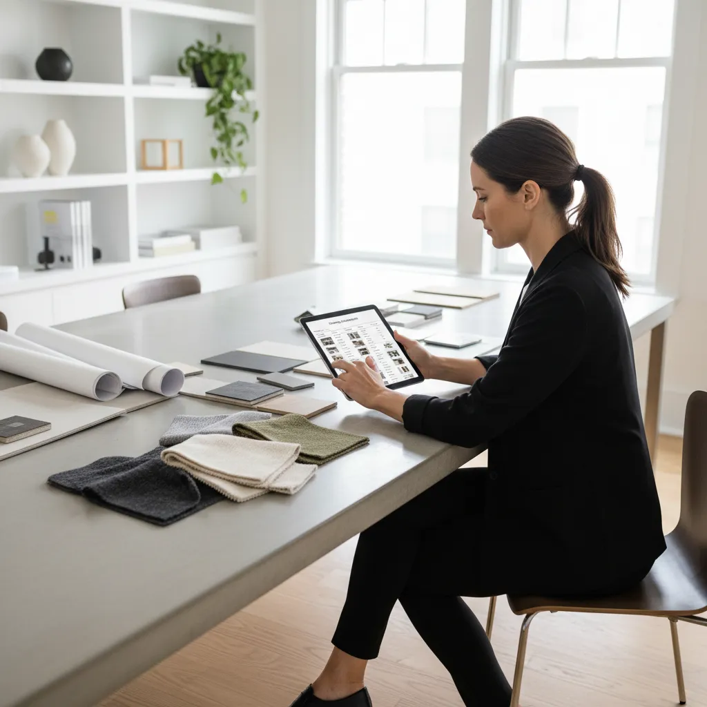 Interior designer reviewing furniture procurement and materials list on tablet