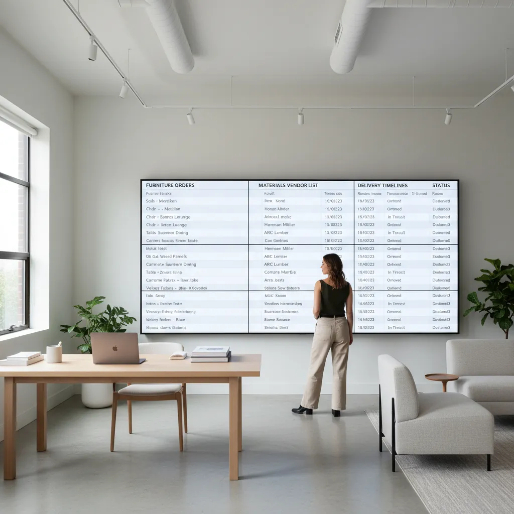 interior design procurement board showing furniture orders materials and vendor tracking