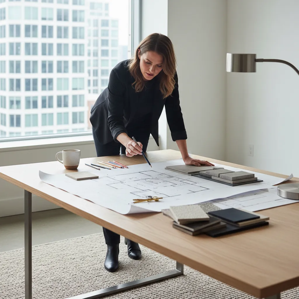 Designer leaning over wooden table reviewing a paper floor plan with various stone material samples