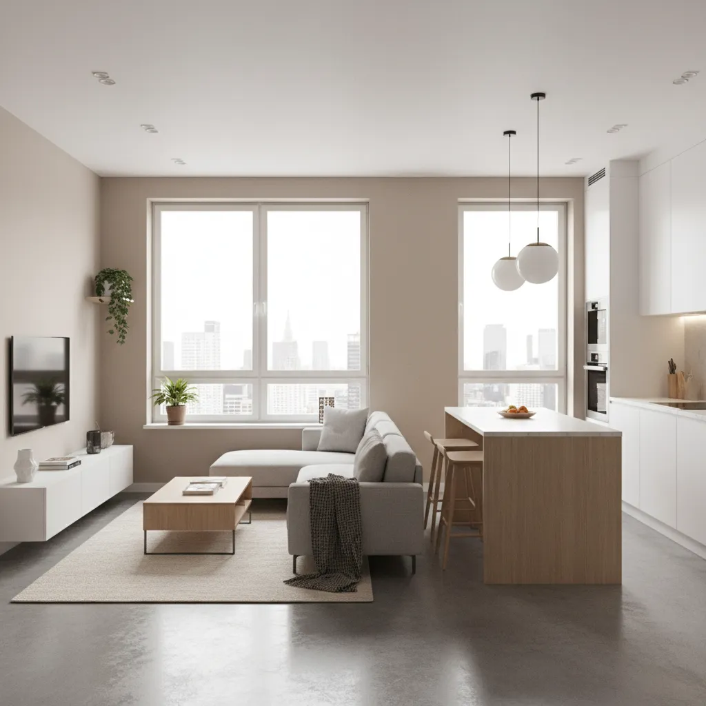 Modern living room with grey sofa wooden table kitchen island and view of the city