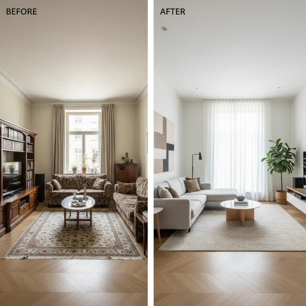 Before and after comparison of old living room with floral sofas and modern bright room