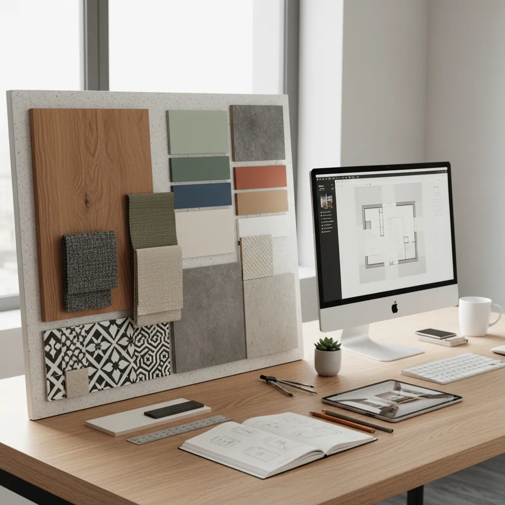 Tablero de proyecto de diseño interior con muestras de materiales y colores