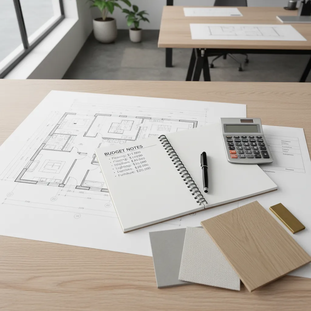 Plano de diseño de interiores con calculadora y notas de presupuesto