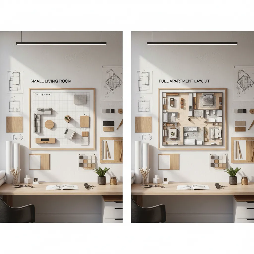 Comparison of small room design project and full home design planning layouts
