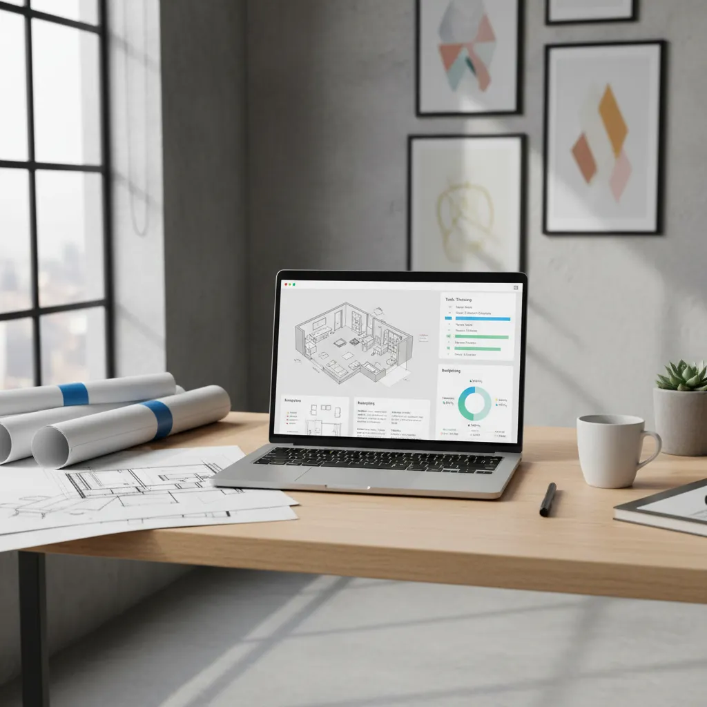 Interior design project management dashboard on laptop with floor plan and task timeline