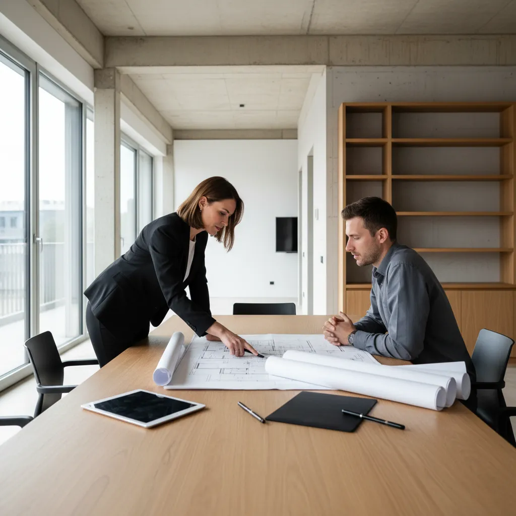 Diseñador de interiores explicando un proyecto a un cliente con planos sobre la mesa