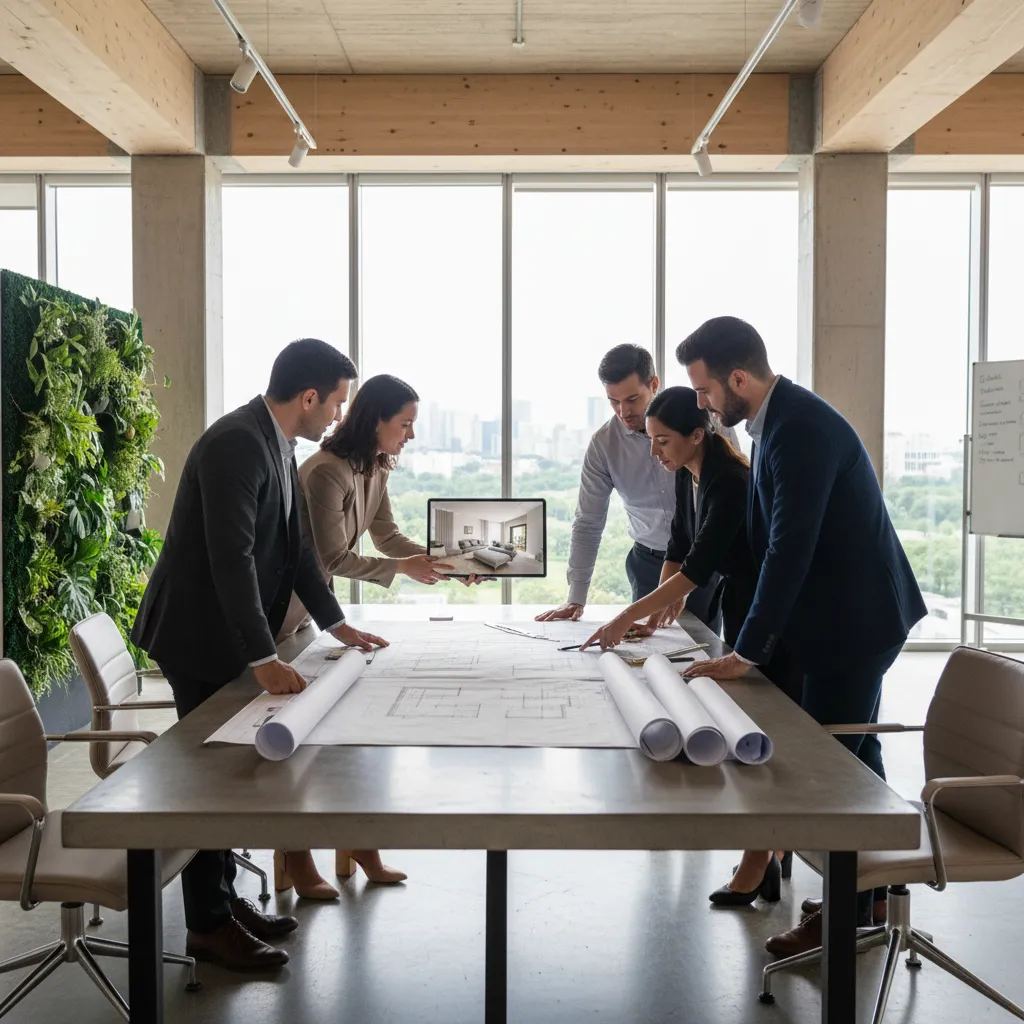 Grupo de diseñadores discutiendo un proyecto de interiorismo con planos sobre la mesa