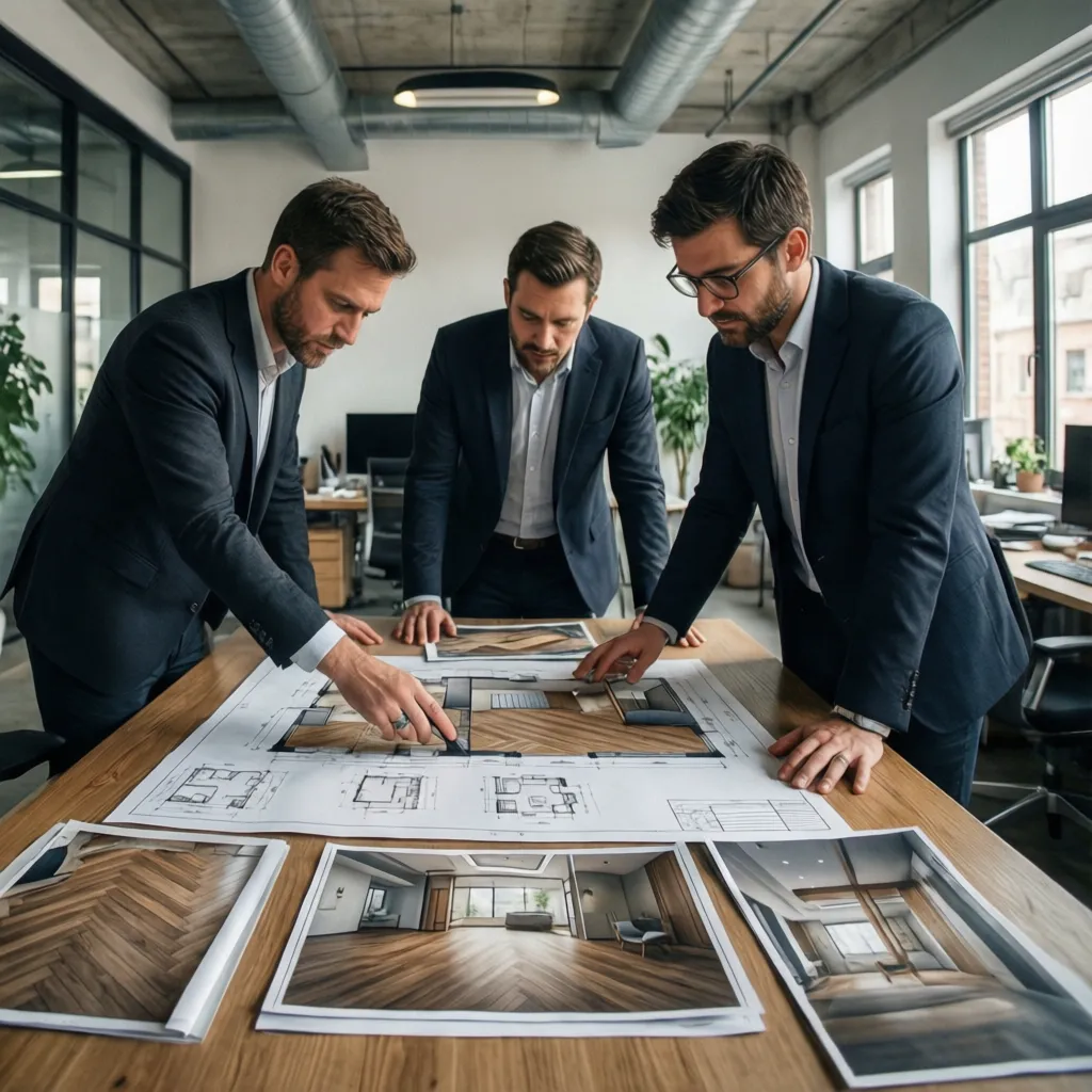 Diseñadores revisando planos y renders de un proyecto de interiorismo