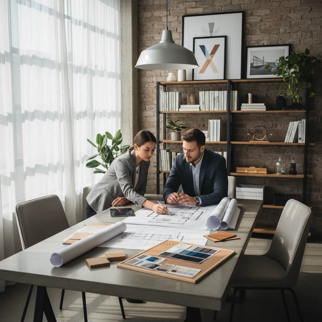 Two people reviewing room layout plans on a large table with color samples and materials