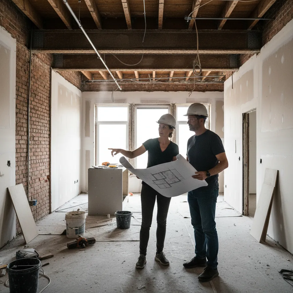 Diseñador explicando decisiones de diseño a un cliente en una vivienda en reforma