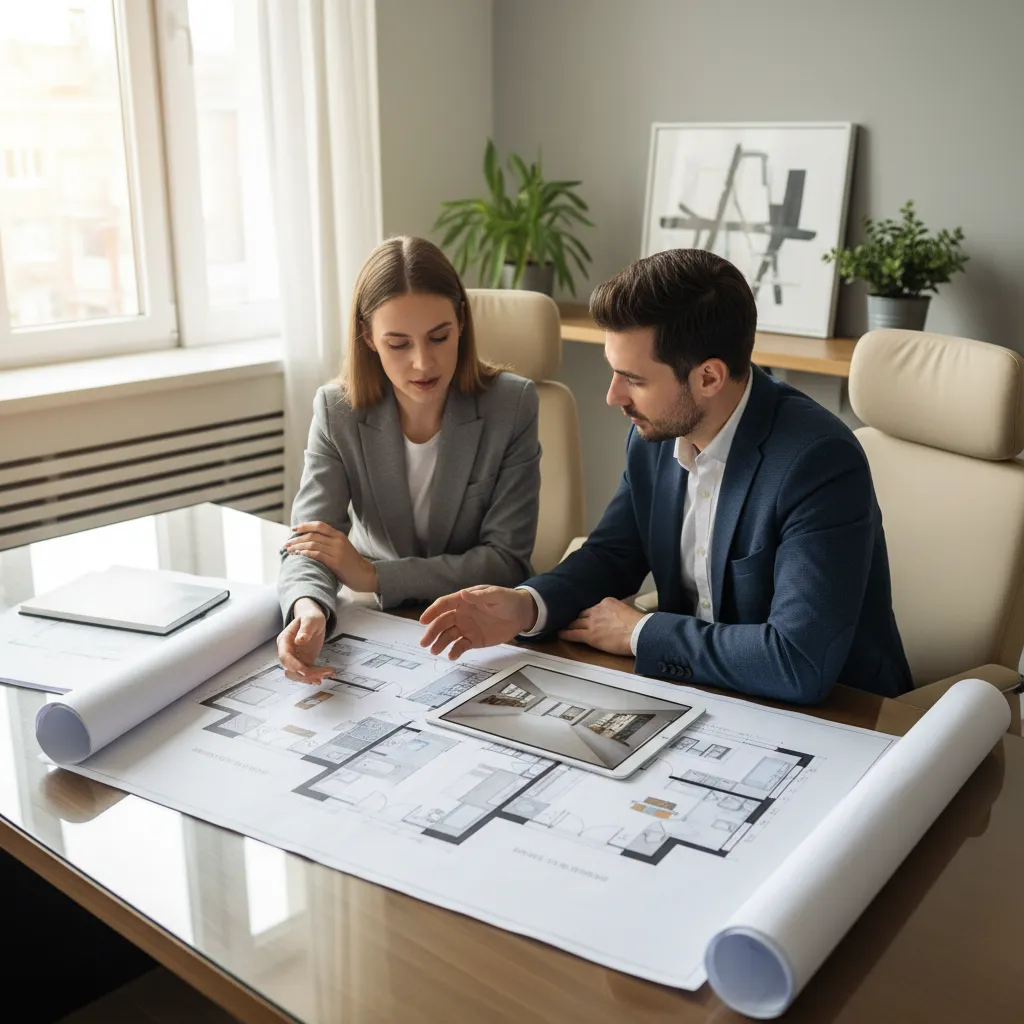 Diseñador explicando un proyecto de interiores a un cliente con planos