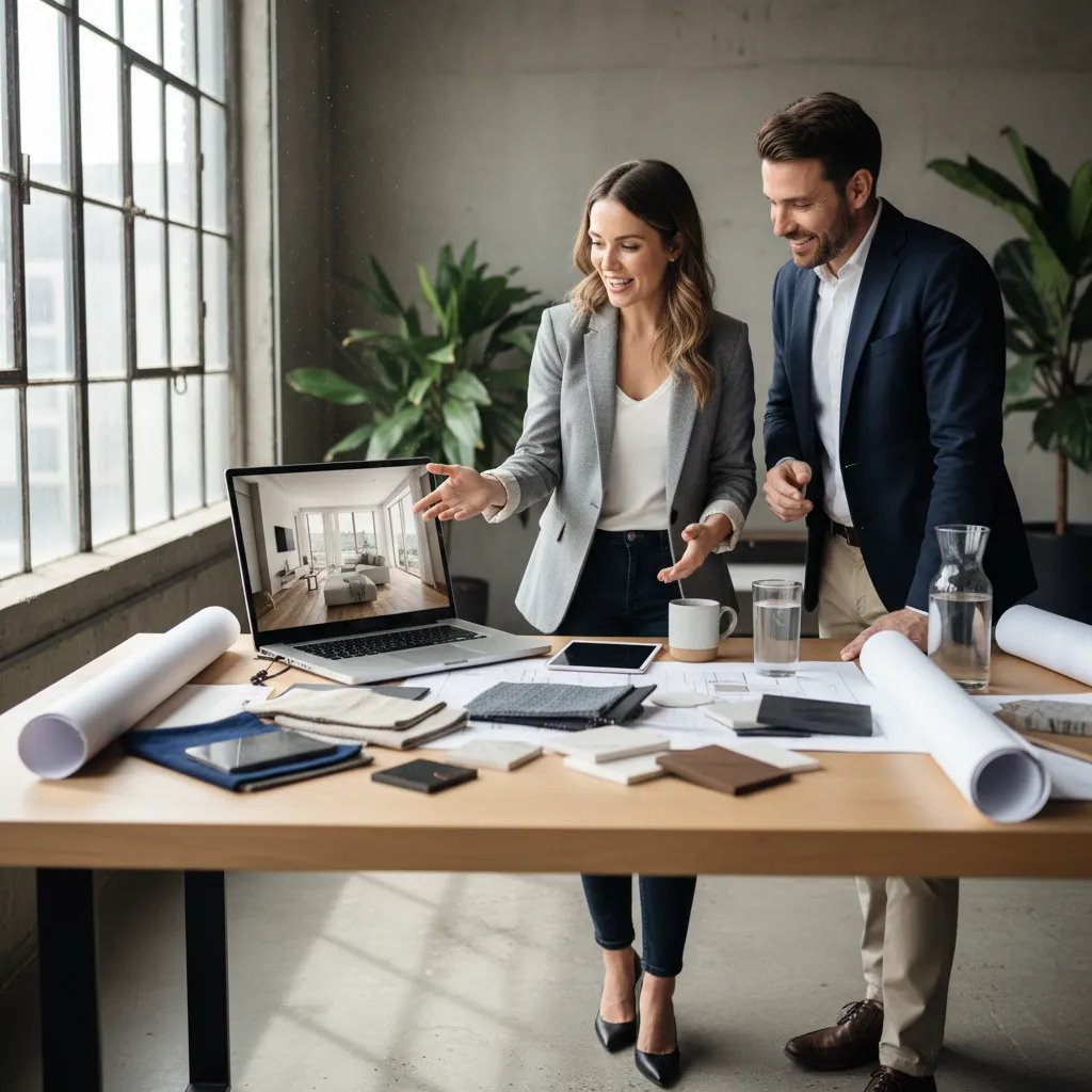 Diseñador mostrando un proyecto de interiorismo a un cliente