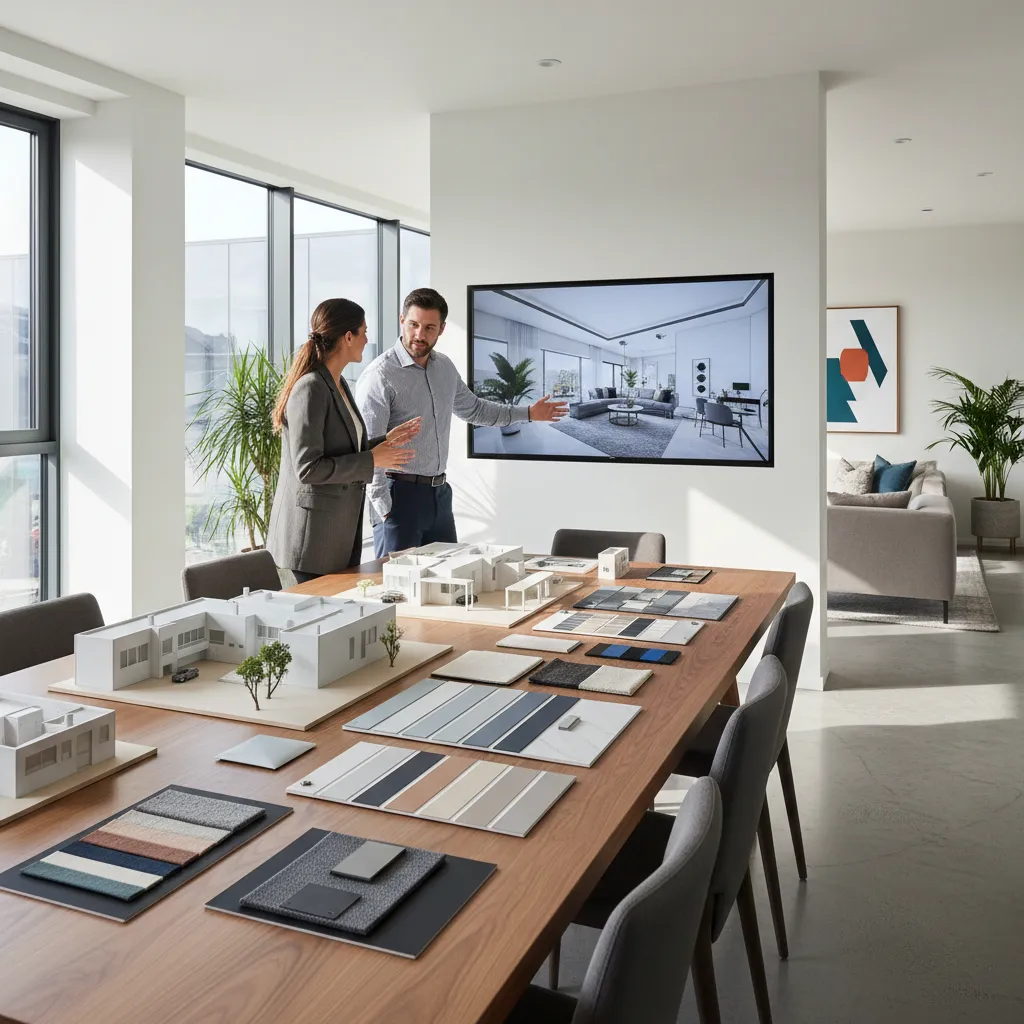 Diseñadora explicando un proyecto de interiorismo a un cliente