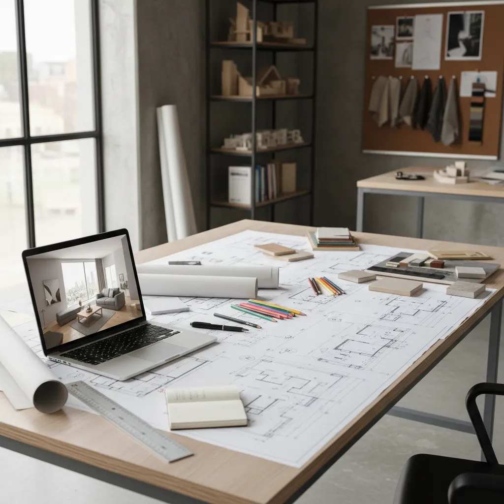 Planos técnicos de interiorismo y render 3D en pantalla