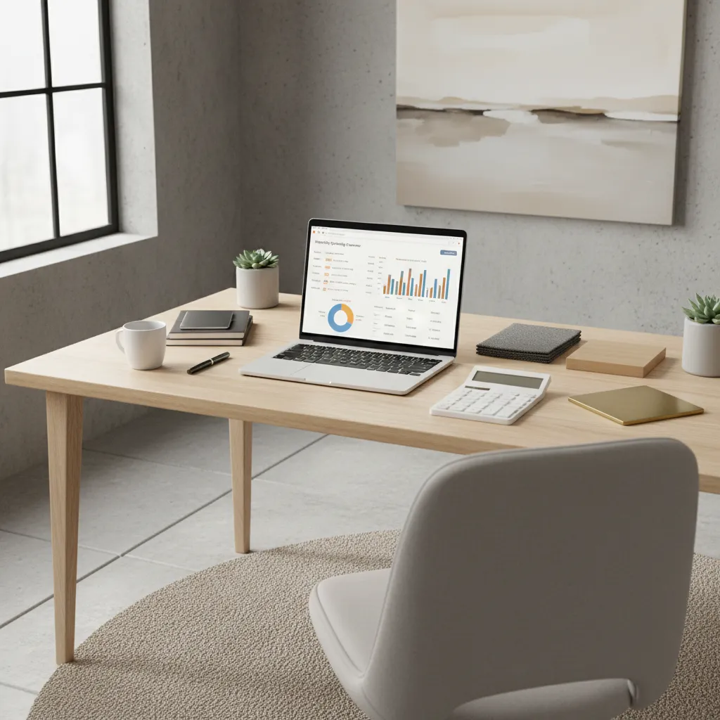 Laptop screen showing project expense tracking with design materials and calculator on desk