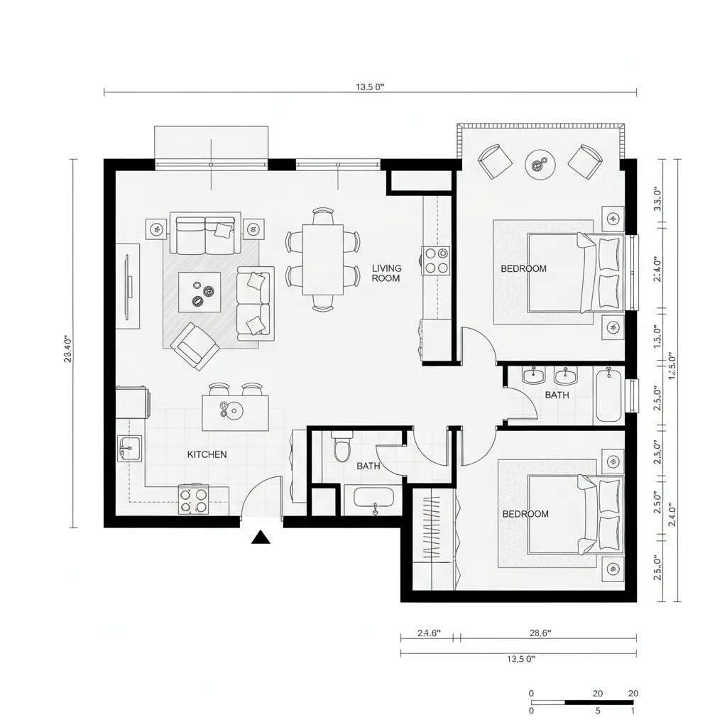 Plano de distribución de un apartamento con mobiliario y medidas