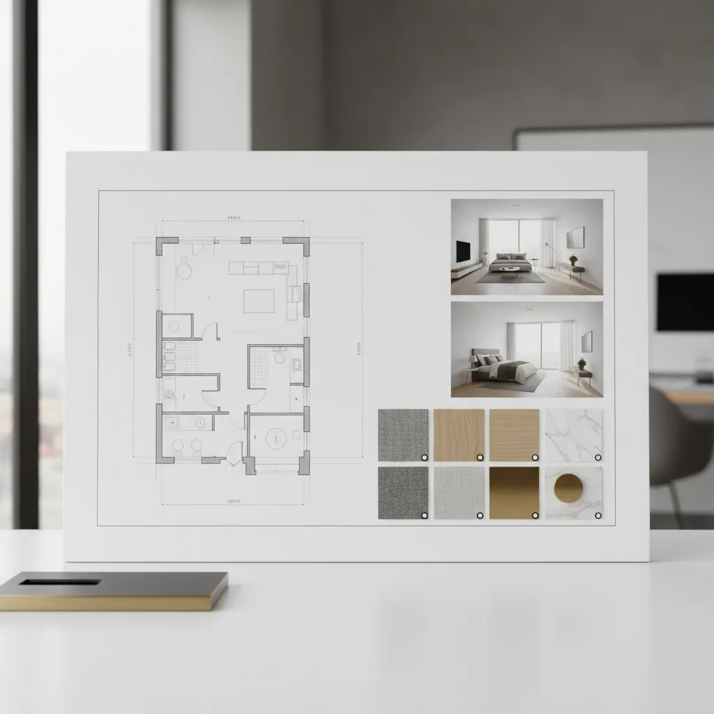 Interior design project layout diagrams and 3D renderings on design board