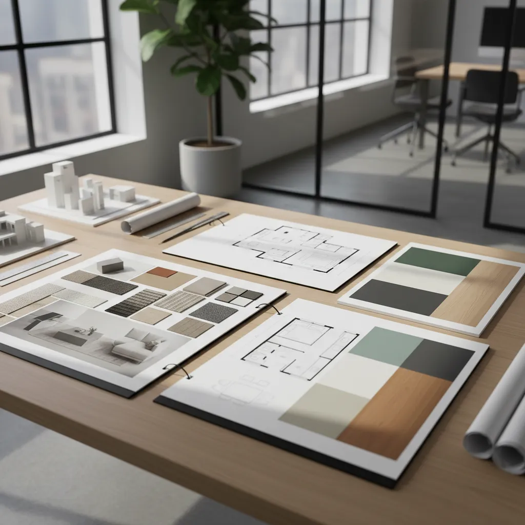 Interior design project table with small scale house models, paper floor plans and material samples