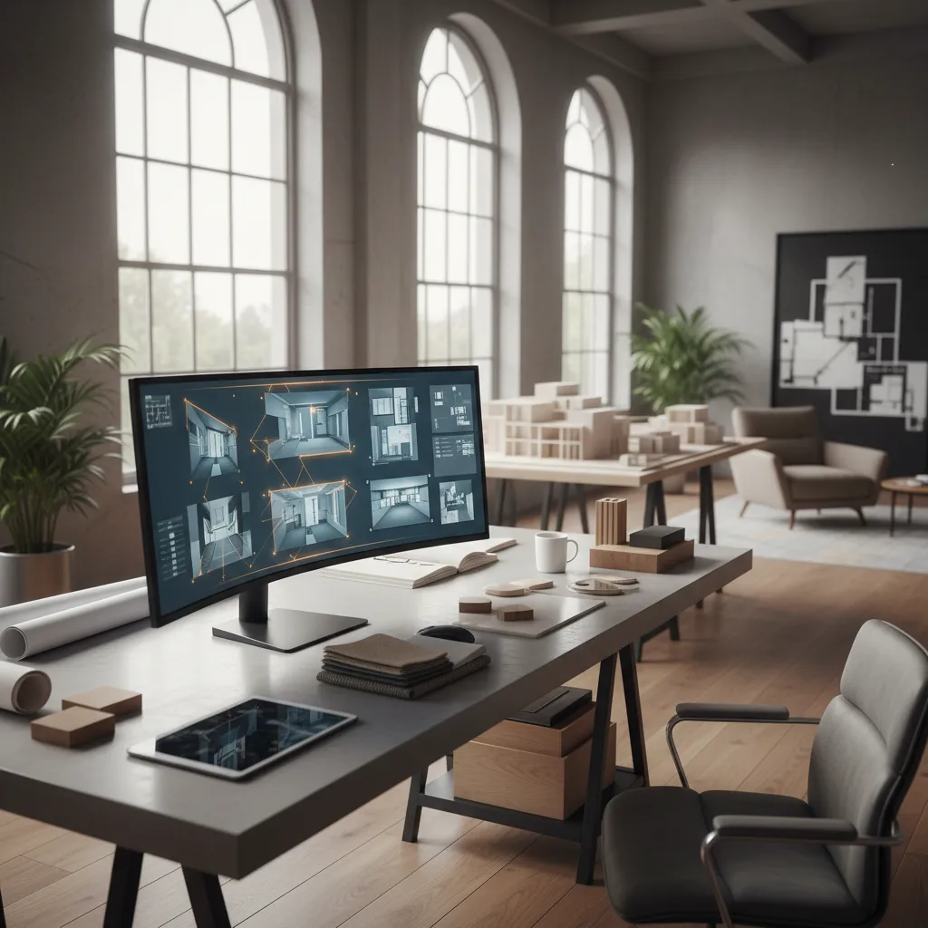 Computer showing interior design drawings on large screen beside wooden desk with tablet and chair