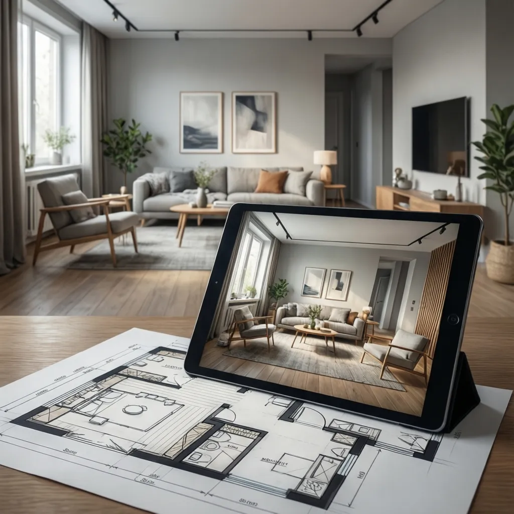Proyecto de diseño interior de salón moderno con planos y render