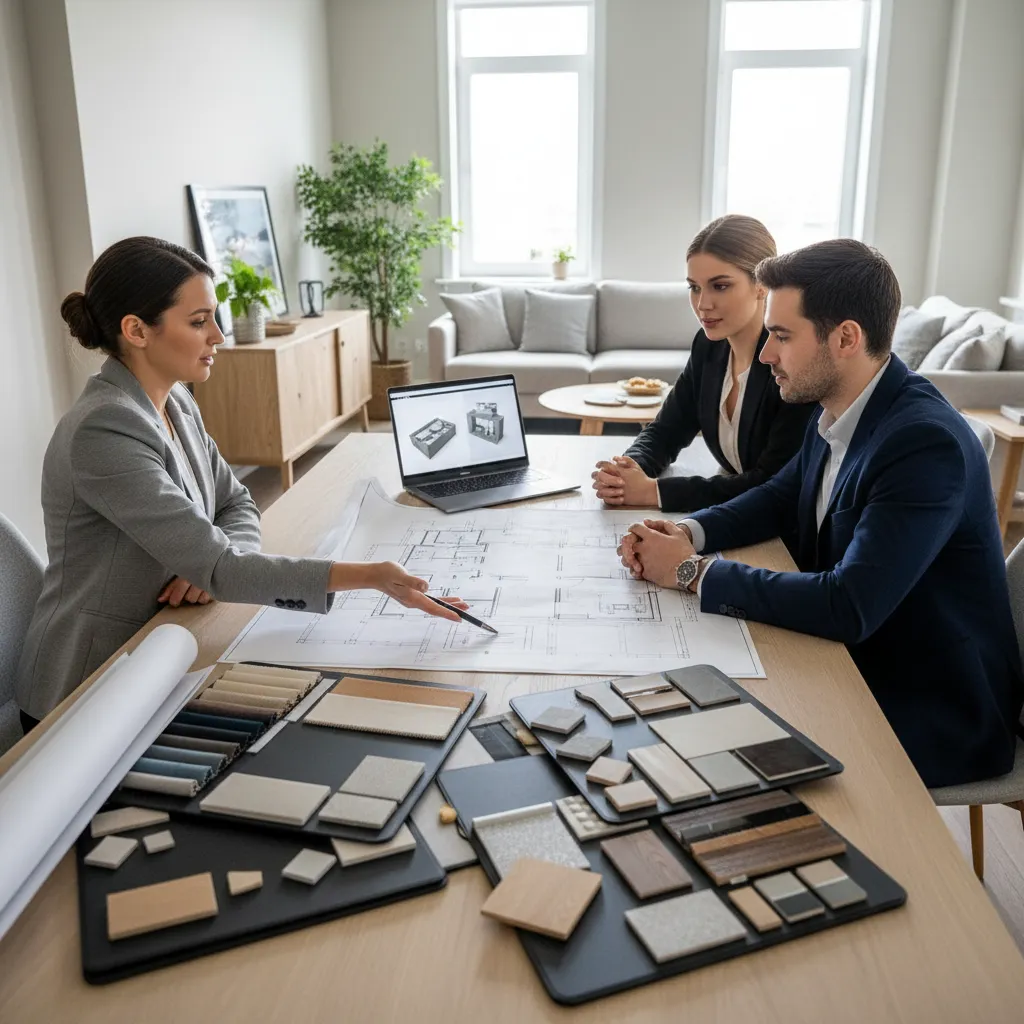 Interior designer showing house floor plan and material samples to clients during a home meeting