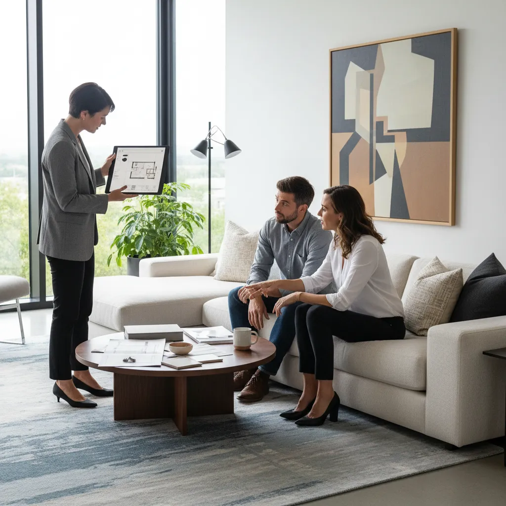 Diseñadora de interiores presentando un proyecto a clientes