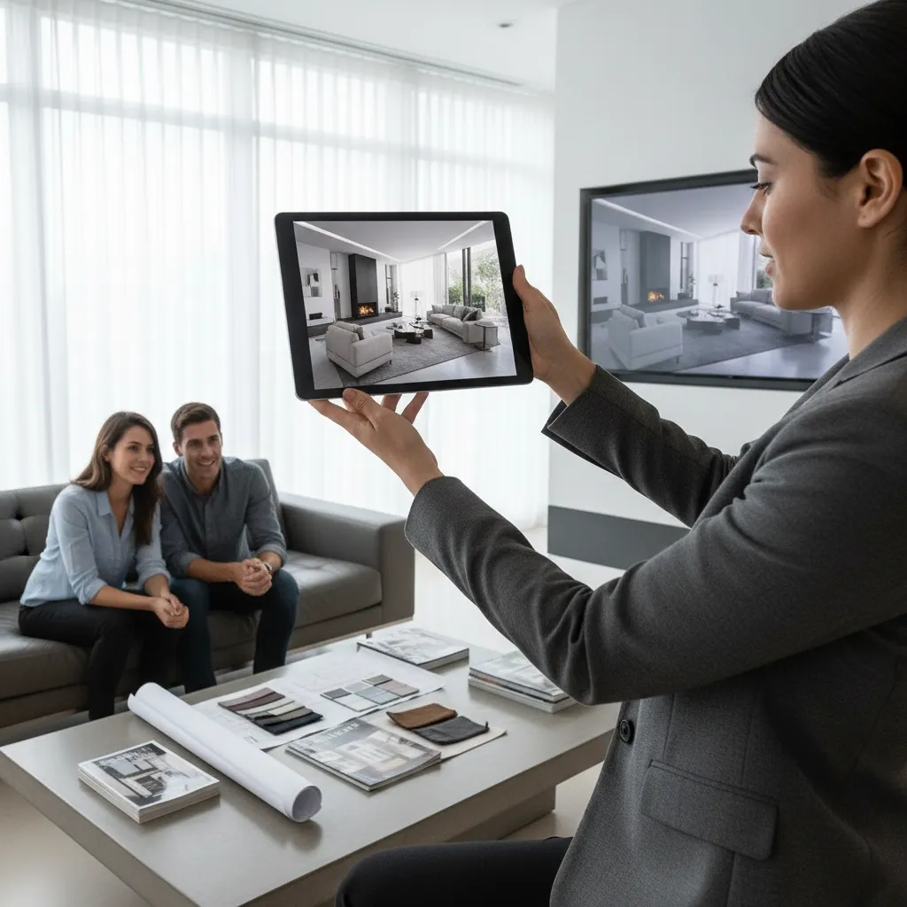 Designer showing a tablet with 3D room design to a couple sitting on a sofa