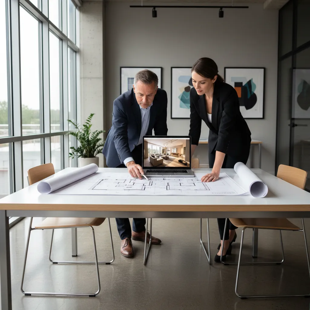 Diseñador de interiores explicando planos a un cliente