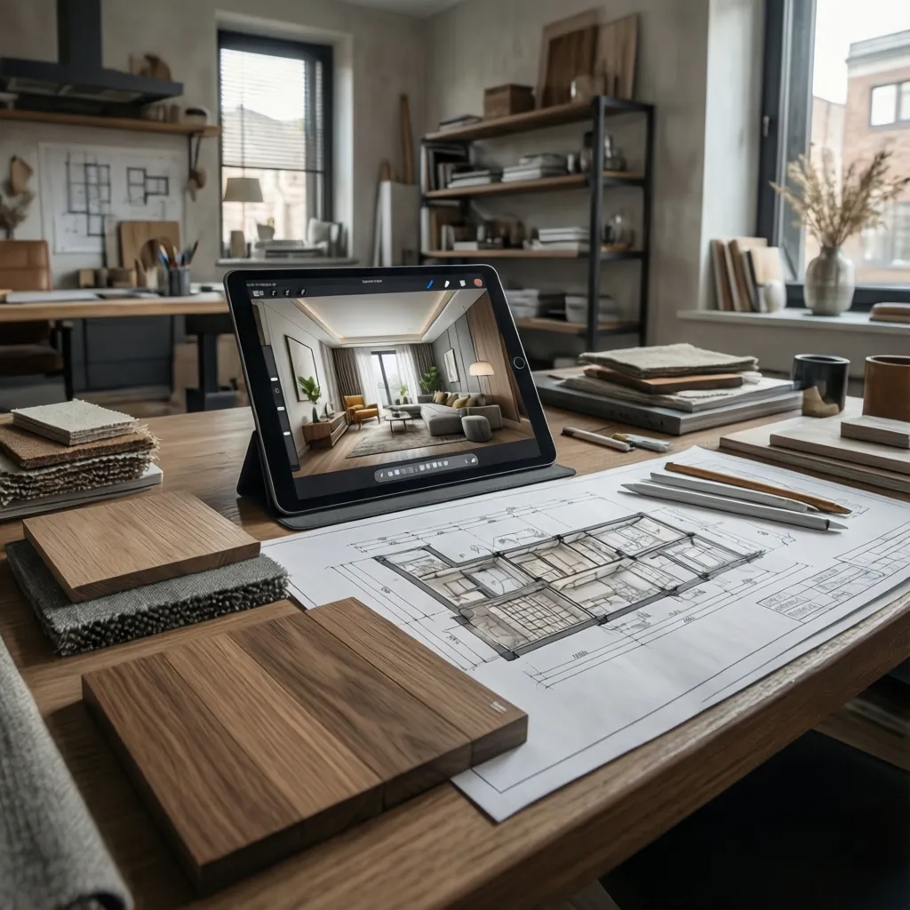 Mesa de trabajo con muestras de materiales, planos y tablet mostrando un render de interior