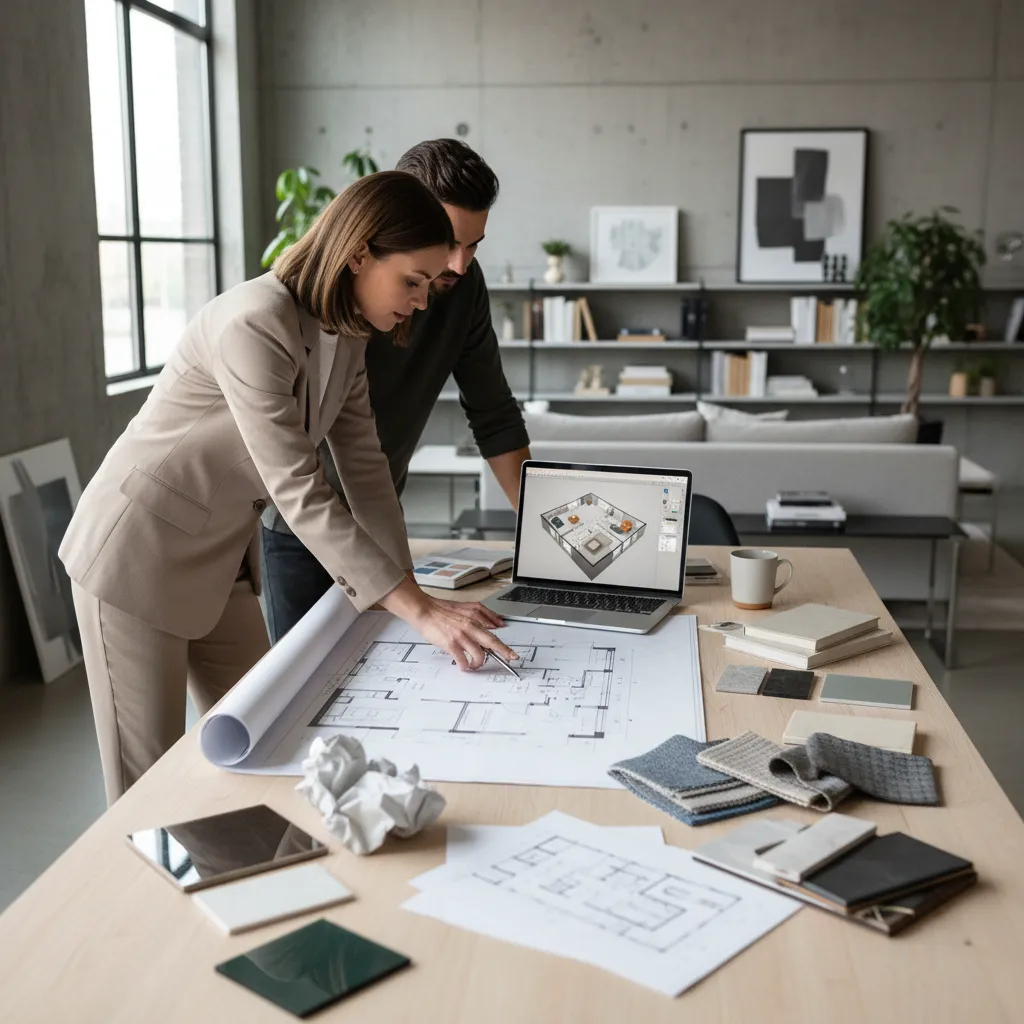 Diseñadora revisando planos de distribución en una mesa de trabajo