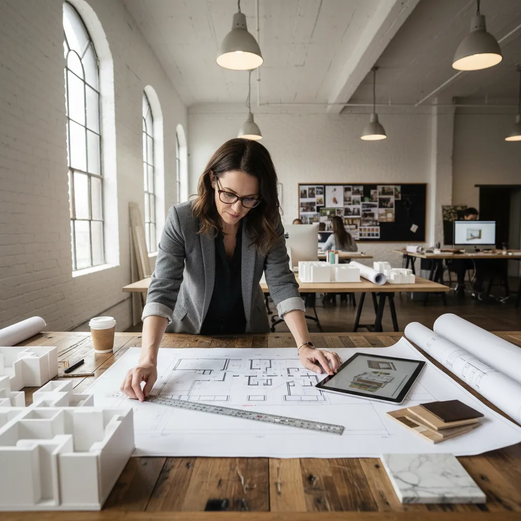 Diseñador revisando planos y distribución de una vivienda