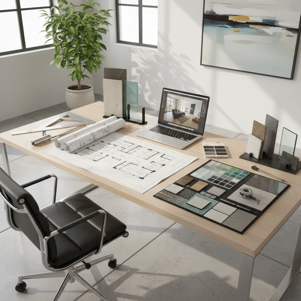 Mesa de trabajo con planos de interiorismo, muestras de materiales y portátil
