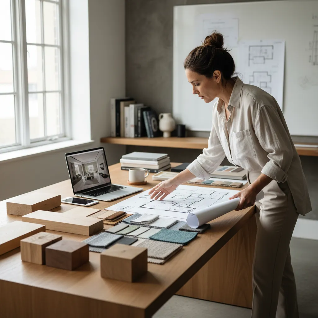 Diseñador de interiores revisando planos y muestras de materiales
