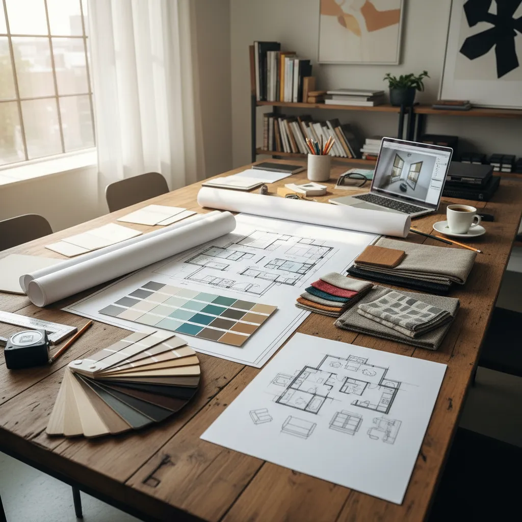 Planos de diseño de interiores con muestras de materiales sobre una mesa