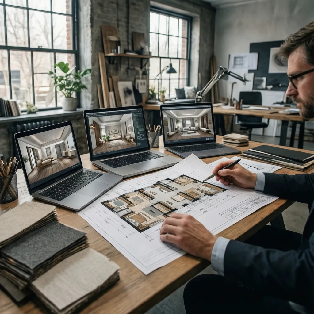 Diseñadores revisando planos y renders de un proyecto de interiorismo