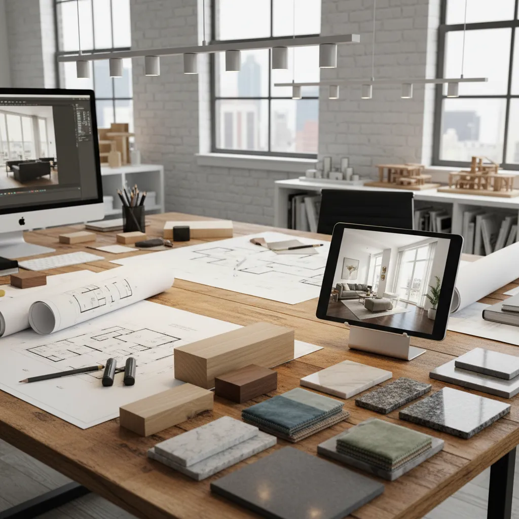 Mesa de trabajo con planos de interiorismo, muestras de madera y tablet con render 3D