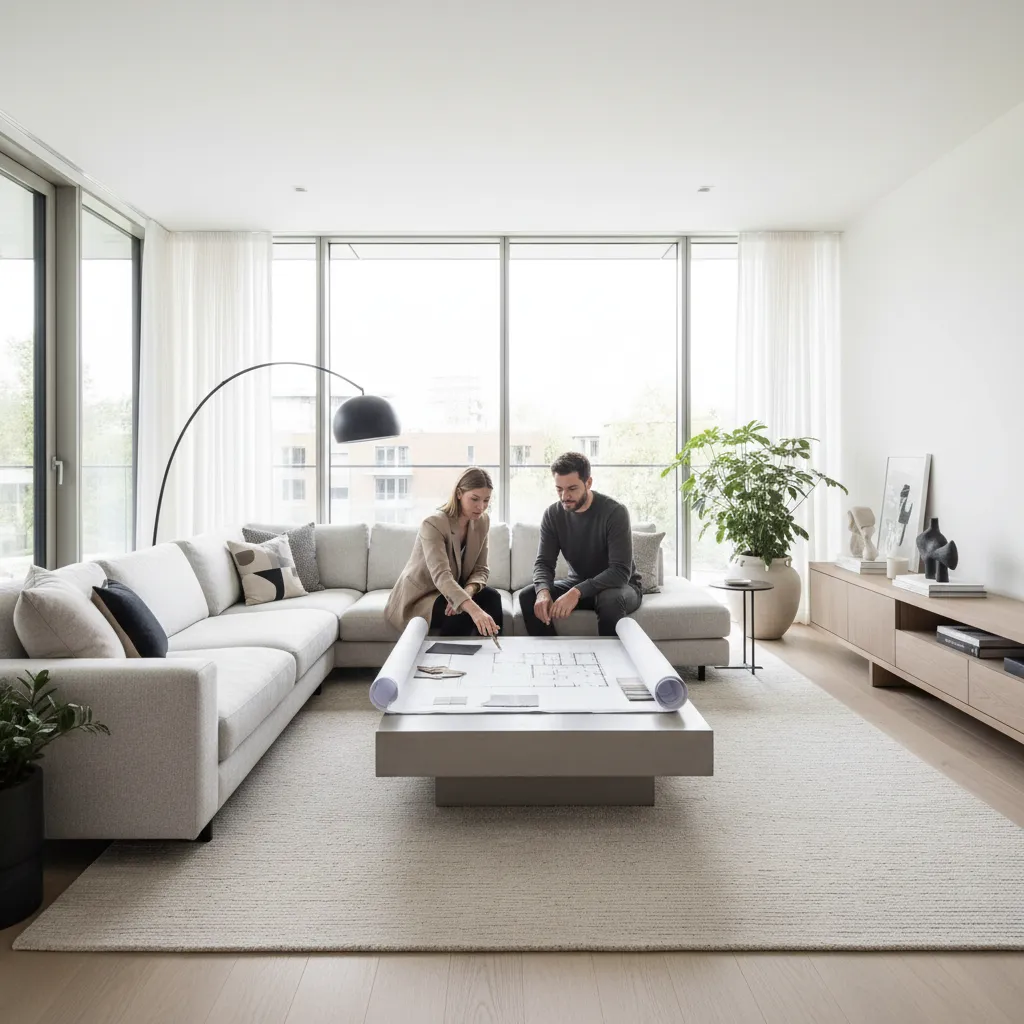 designer discussing interior design plans with homeowner in modern living room
