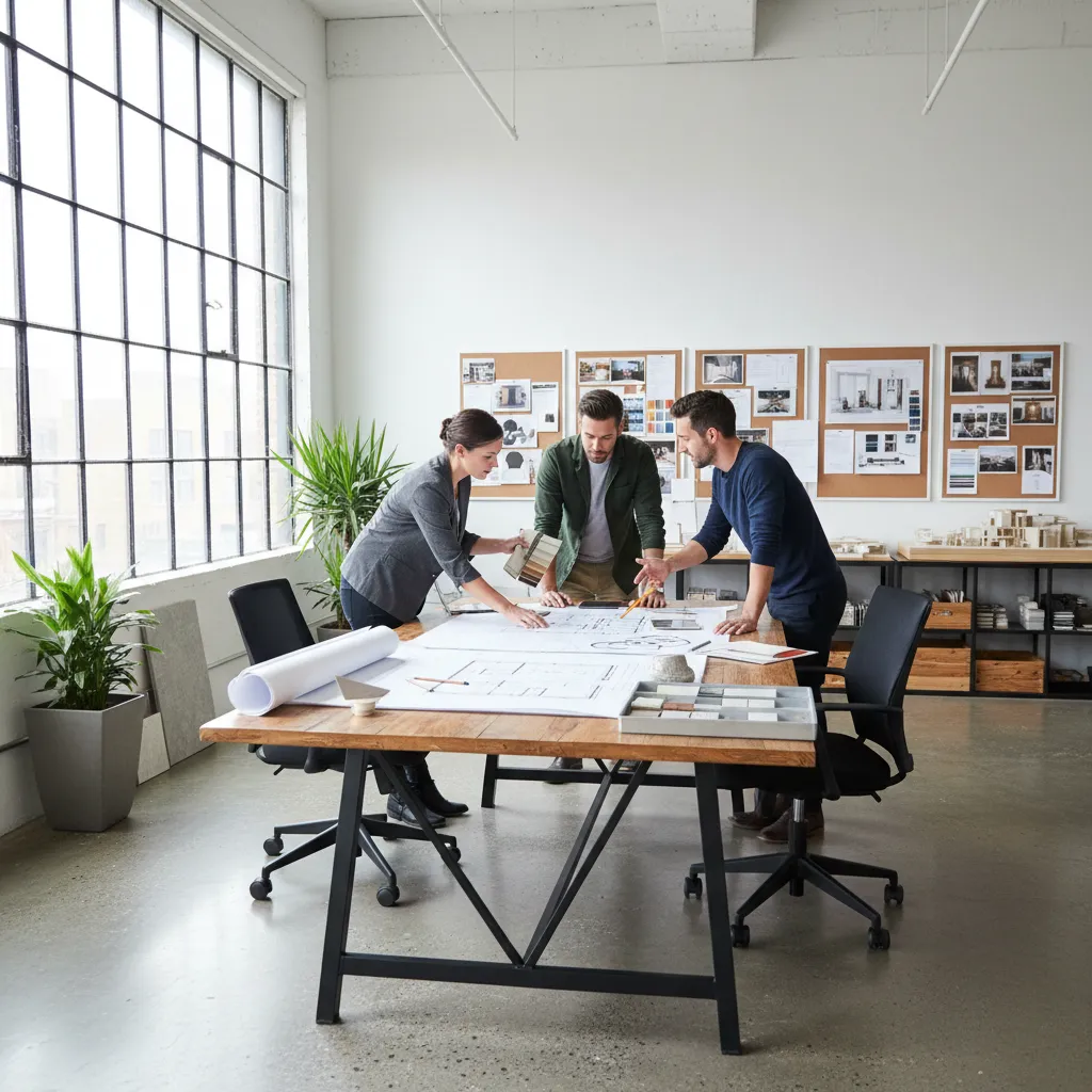 Interior designers discussing residential floor plans and sketches during early project planning