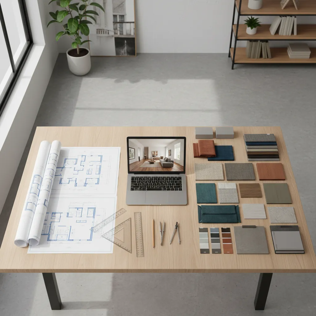 Interior design project planning table with floor plans laptop and material samples