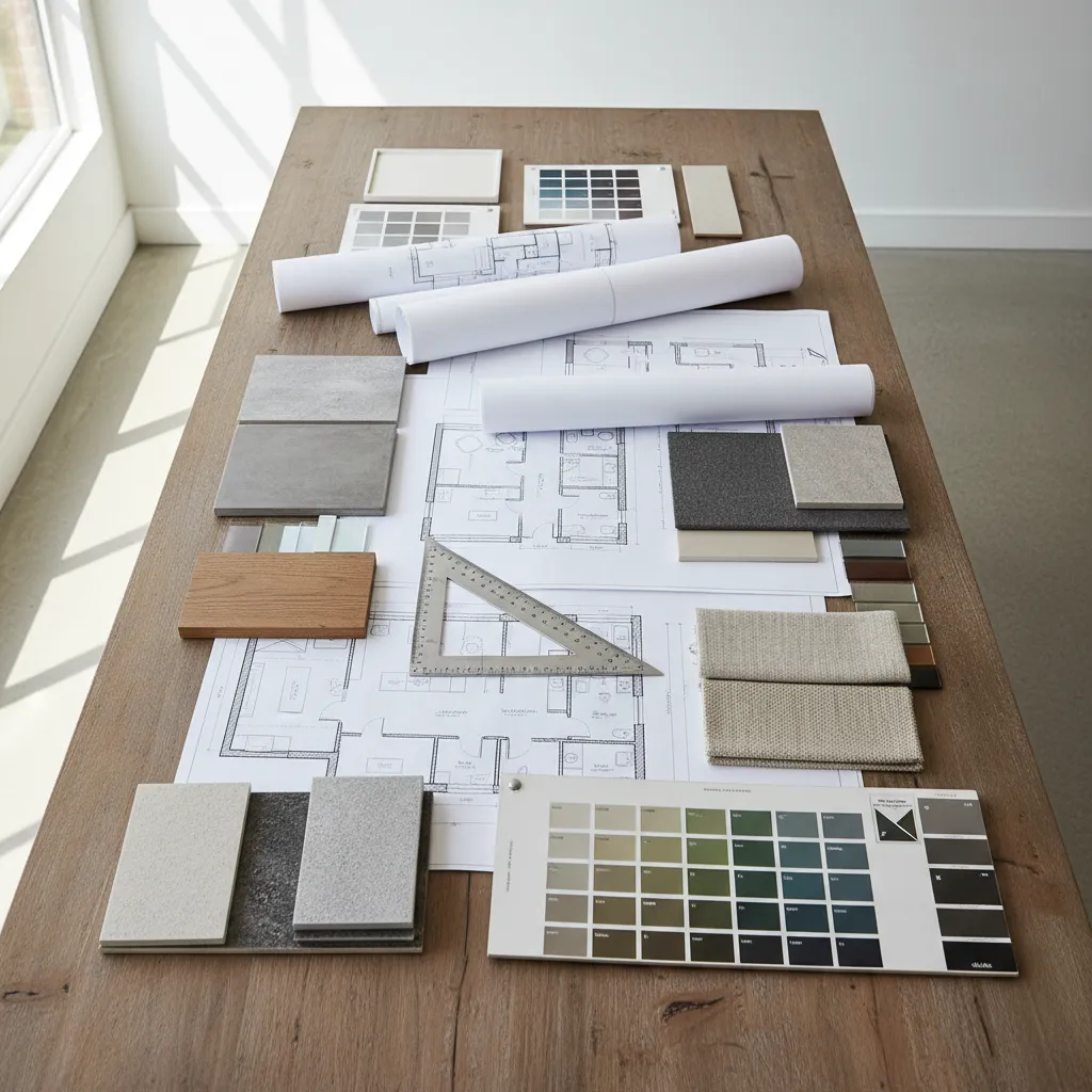 Planos de diseño interior y muestras de materiales sobre una mesa