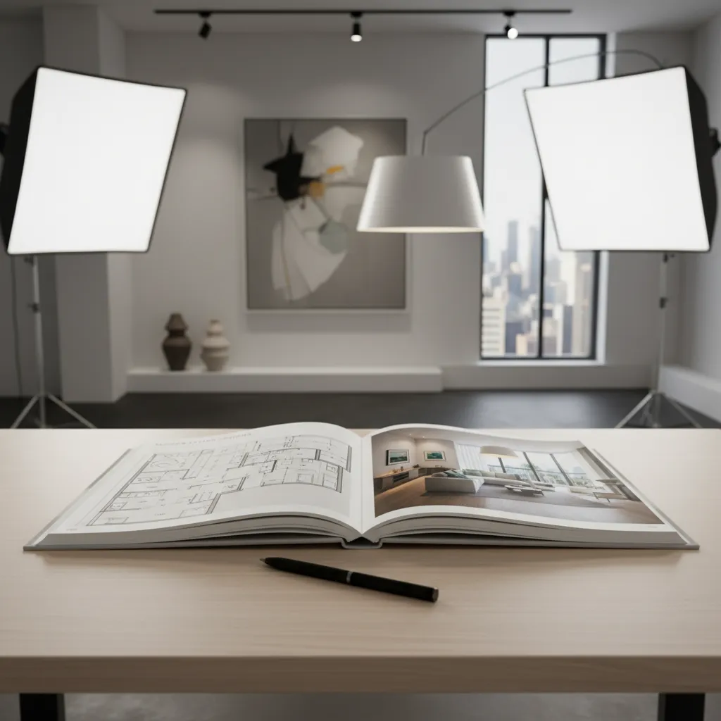 Open portfolio book on desk showing a floor plan and a modern interior design drawing