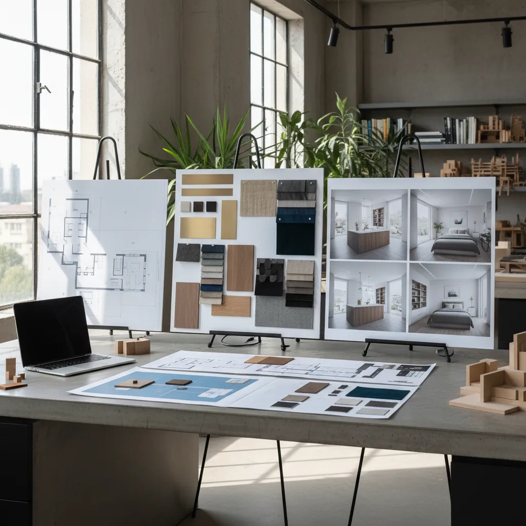 Portafolio de diseño de interiores mostrando planos, renders y fotografías de proyectos
