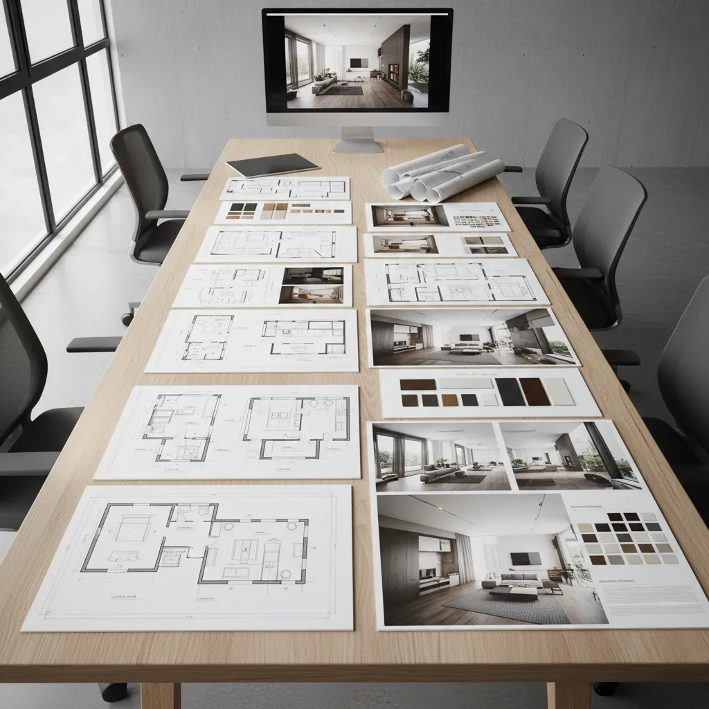 Paneles impresos de proyecto de interiorismo presentados en mesa de estudio