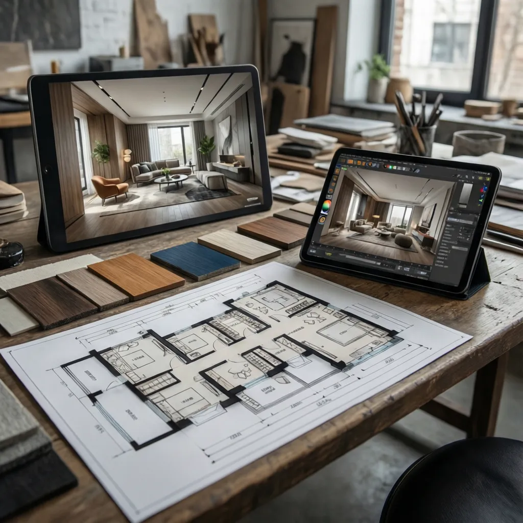 Interior design workspace with tablets showing living room drawings floor plan and wood material samples
