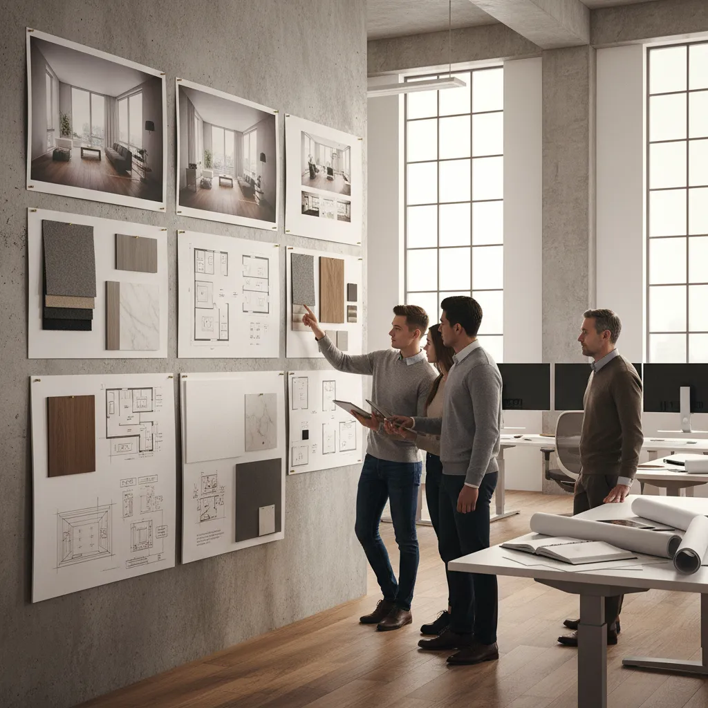 Presentación de proyecto de diseño de interiores con paneles y renders