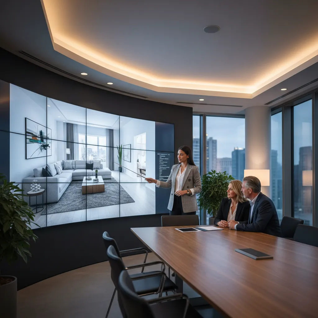 Diseñador presentando un proyecto de interiorismo en pantalla
